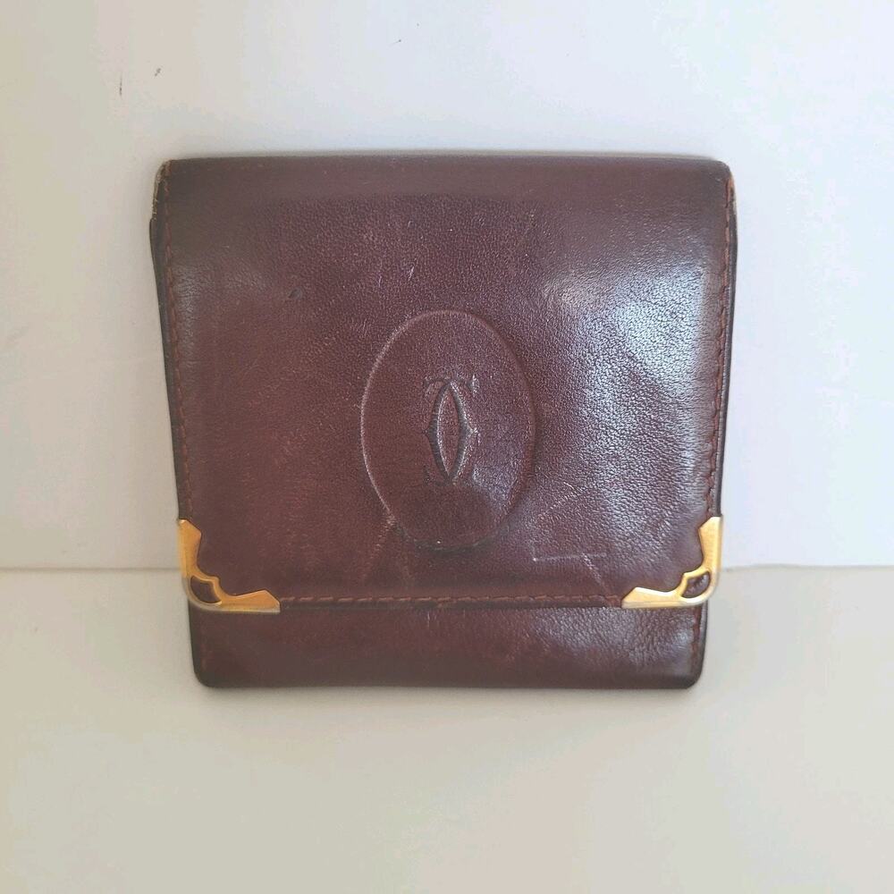 Cartier Vintage Mini‎ Coin Case Pouch Wallet Bordeaux Leather Small Red Burgundy